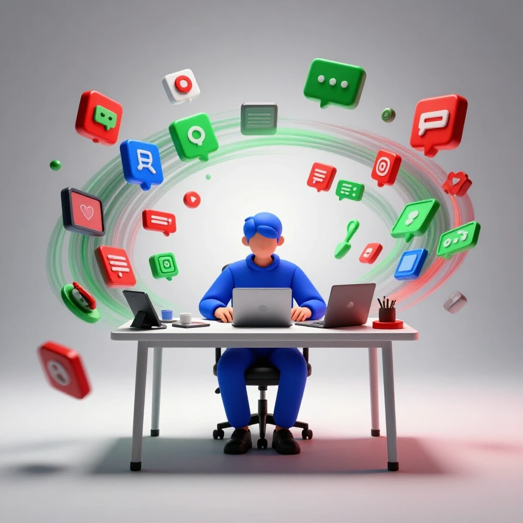 Focused student at tidy desk surrounded by swirling digital distractions under a bright spotlight