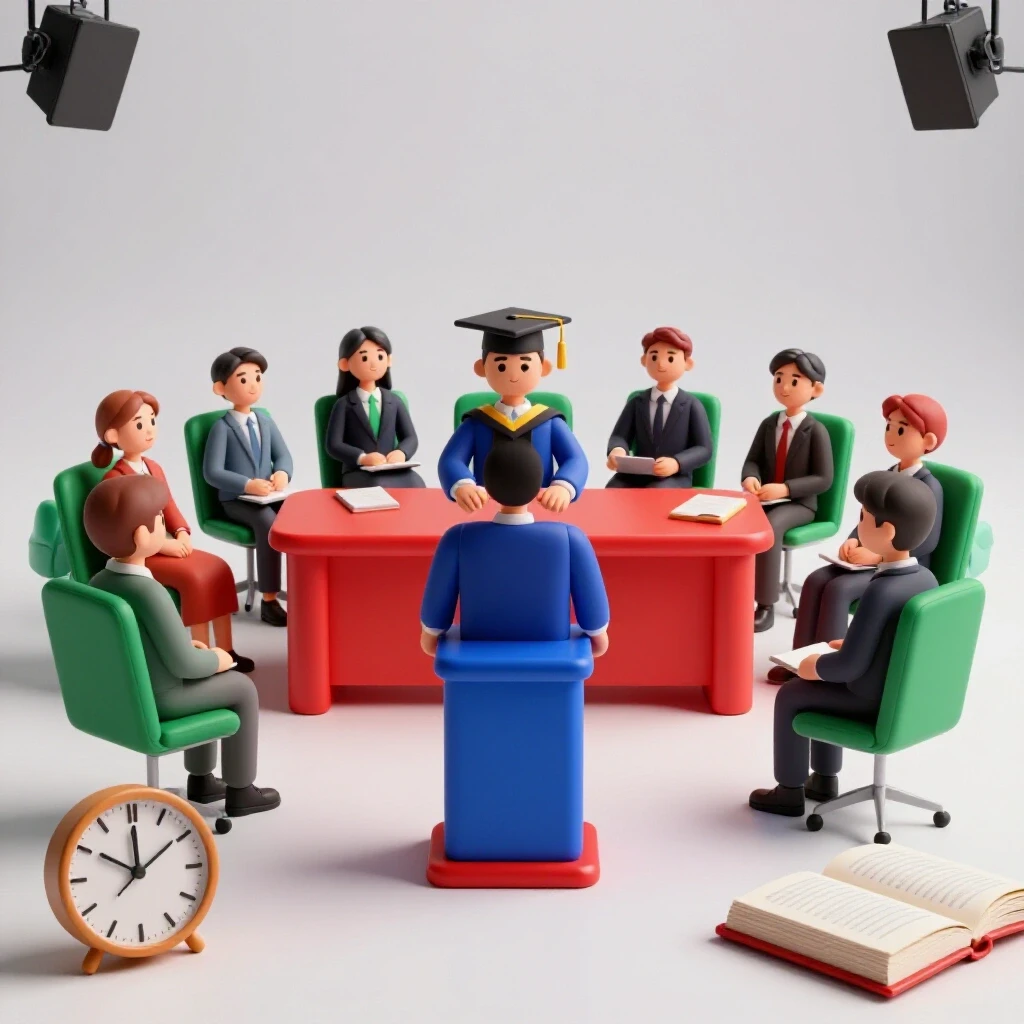 A graduate stands at a podium facing an academic panel, with a clock and open books, in a bright studio setting.