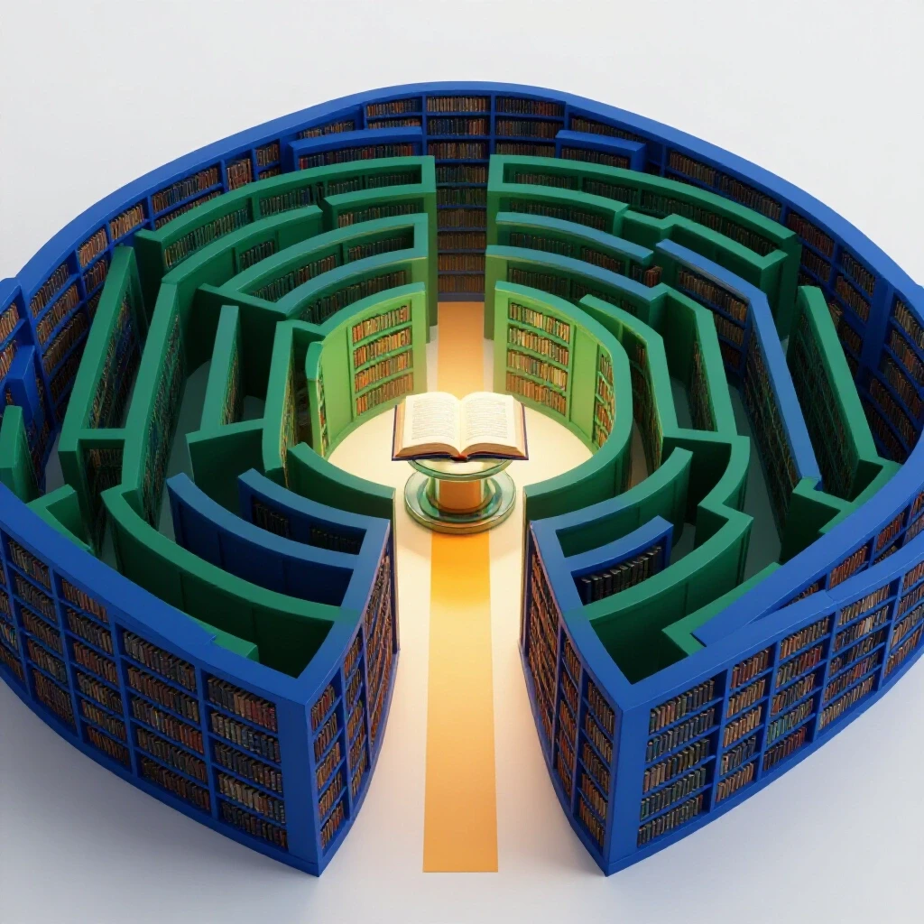 Maze-shaped library with illuminated path leading to an open book at the center on a bright background.