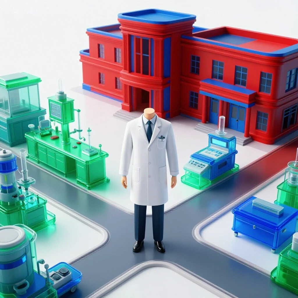 Doctor's white coat at a crossroads between a modern glowing laboratory and a classic hospital, both paths illuminated