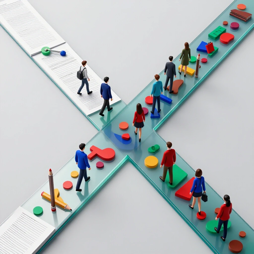 Bright crossroads scene showing one path with large test papers and pencils, the other with colorful shapes representing student choices.