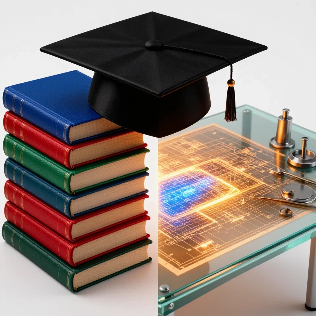 Split scene of an academic cap on glossy books and a glowing research blueprint on a glass table, contrasting tradition and innovation.
