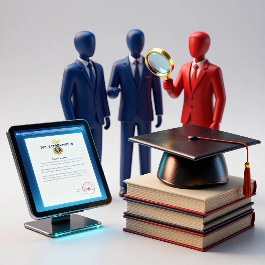 Split scene showing digital diploma versus traditional graduation cap and diplomas, recruiters comparing both in bright studio setting.