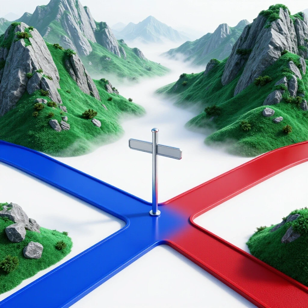 A crossroads with one smooth blue path fading into fog and a rugged green-red path leading to clear distant peaks, set on a bright white background.