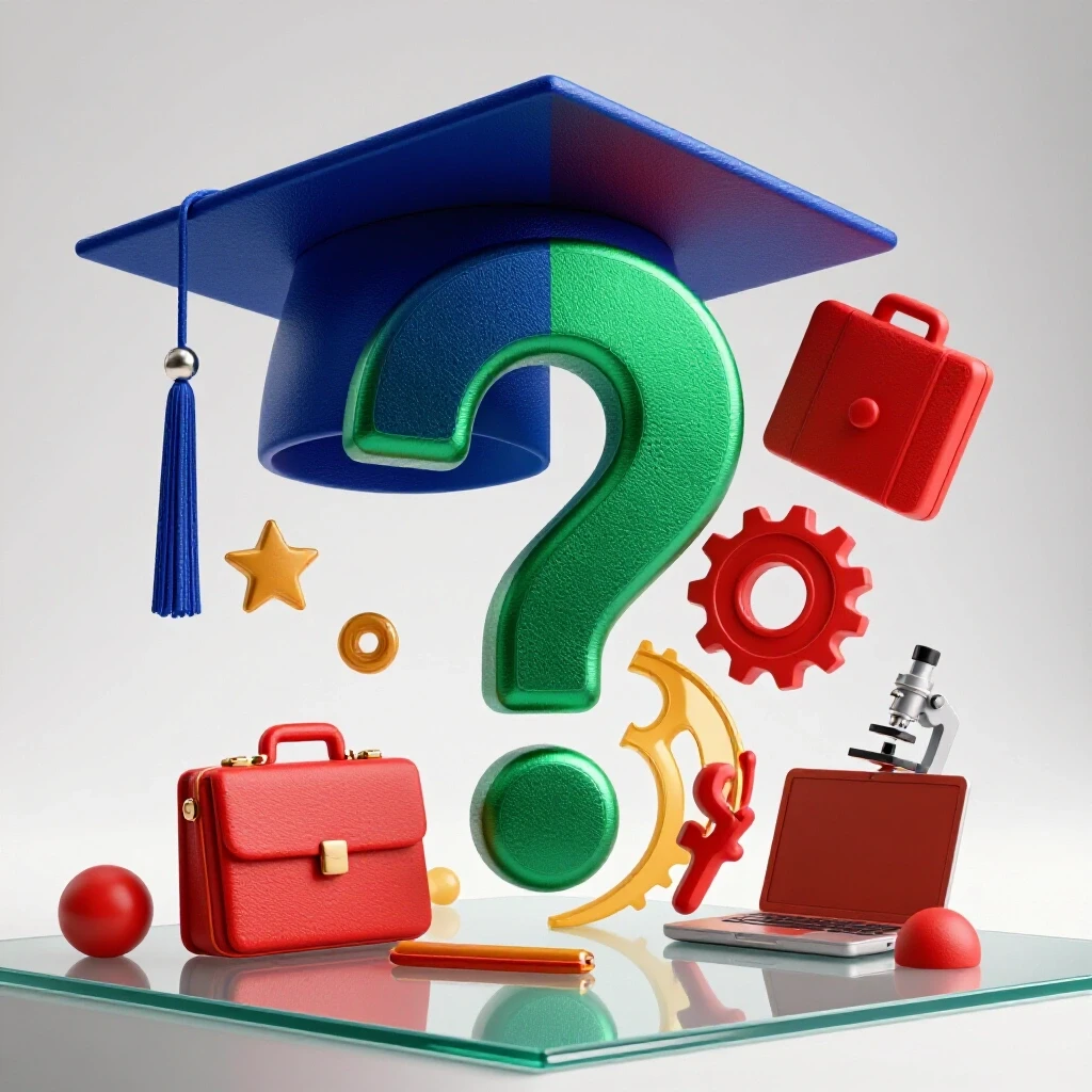 Split image of a graduation cap merging into a question mark beside abstract symbols for modern careers