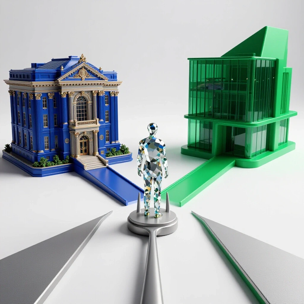Abstract figure at a forked path choosing between a classical blue university building and a modern green structure.