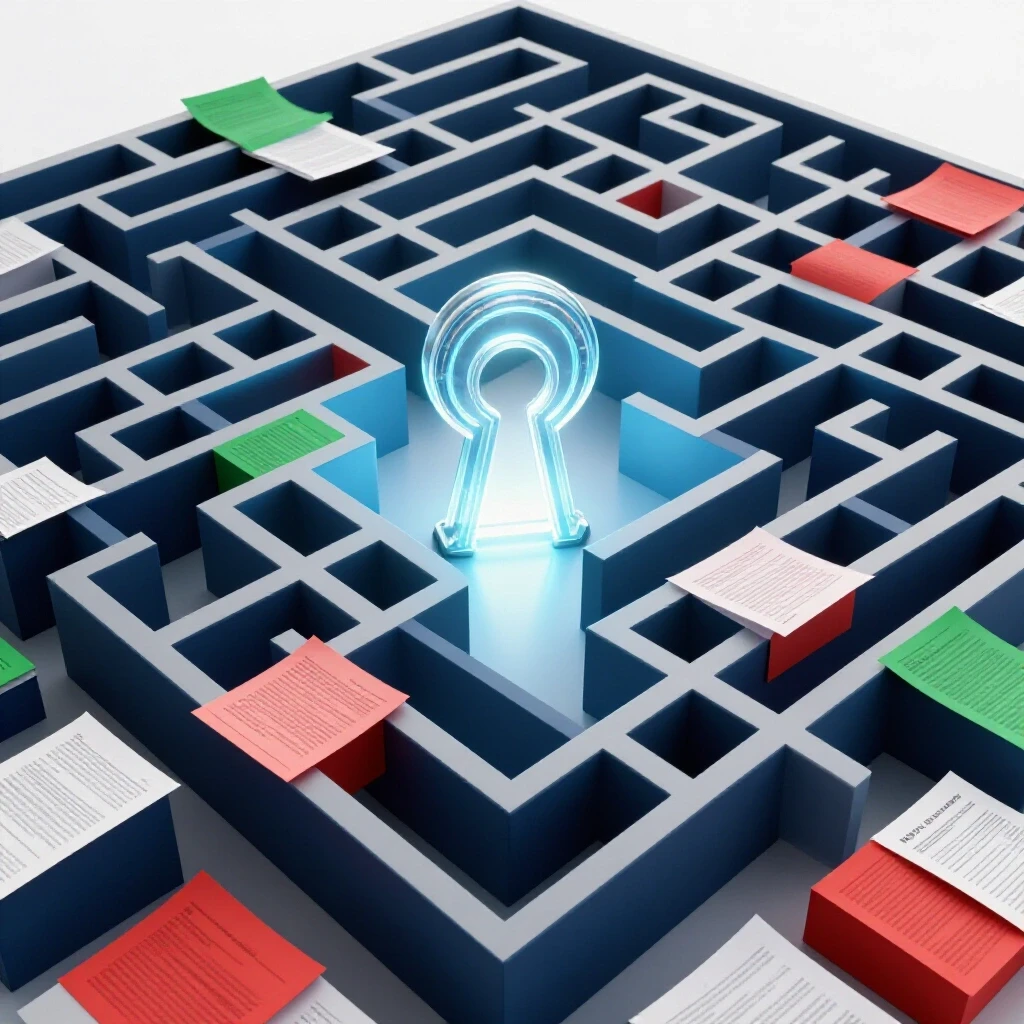 Maze of colorful research documents with a glowing portal keyhole illuminating a direct path through them.