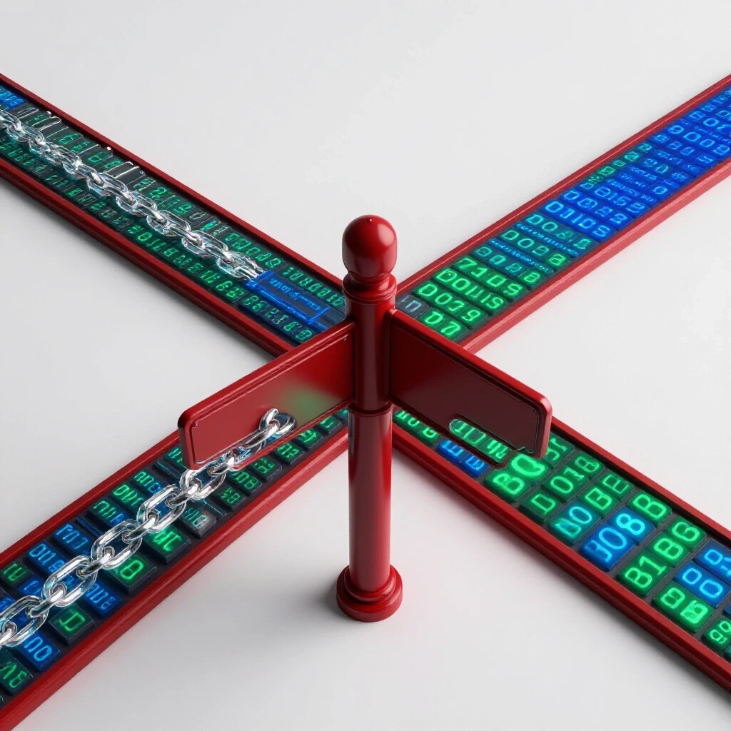 A central crossroads signpost splits into two paths, one with digital code and chain links, the other with glowing numeric codes, all on a bright white background.