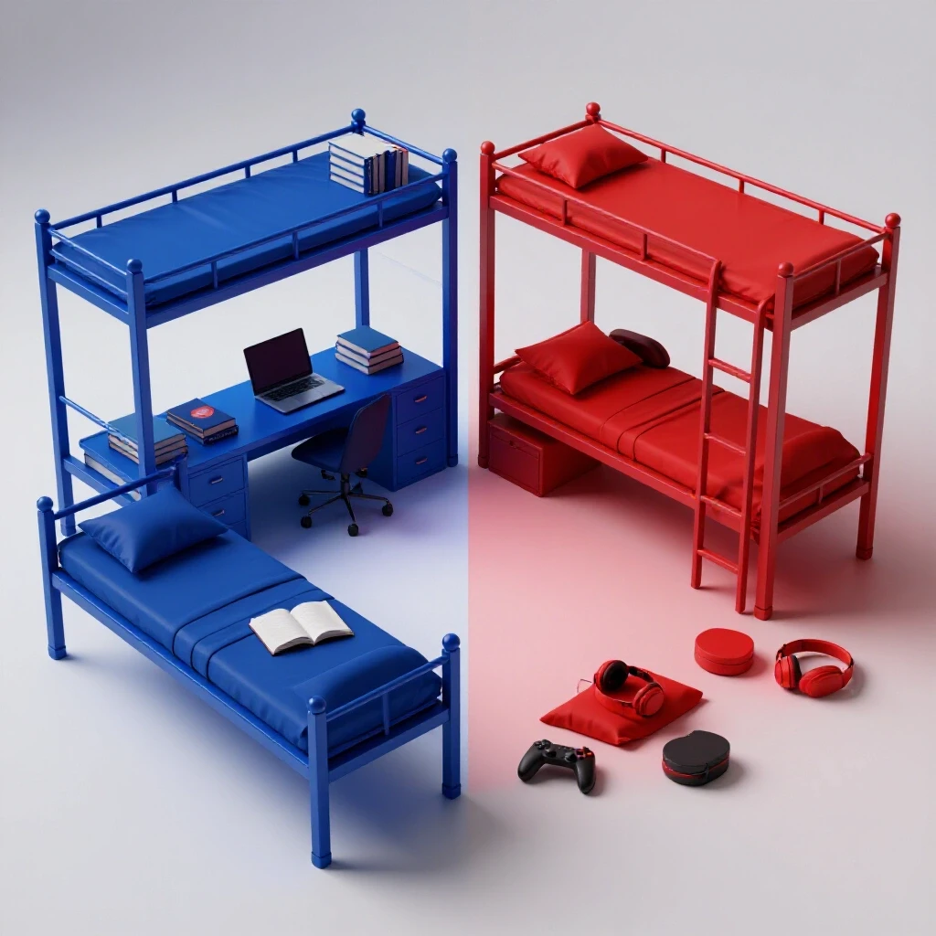Split dorm room scene with contrasting blue and red tones showcasing different student moods and activities.