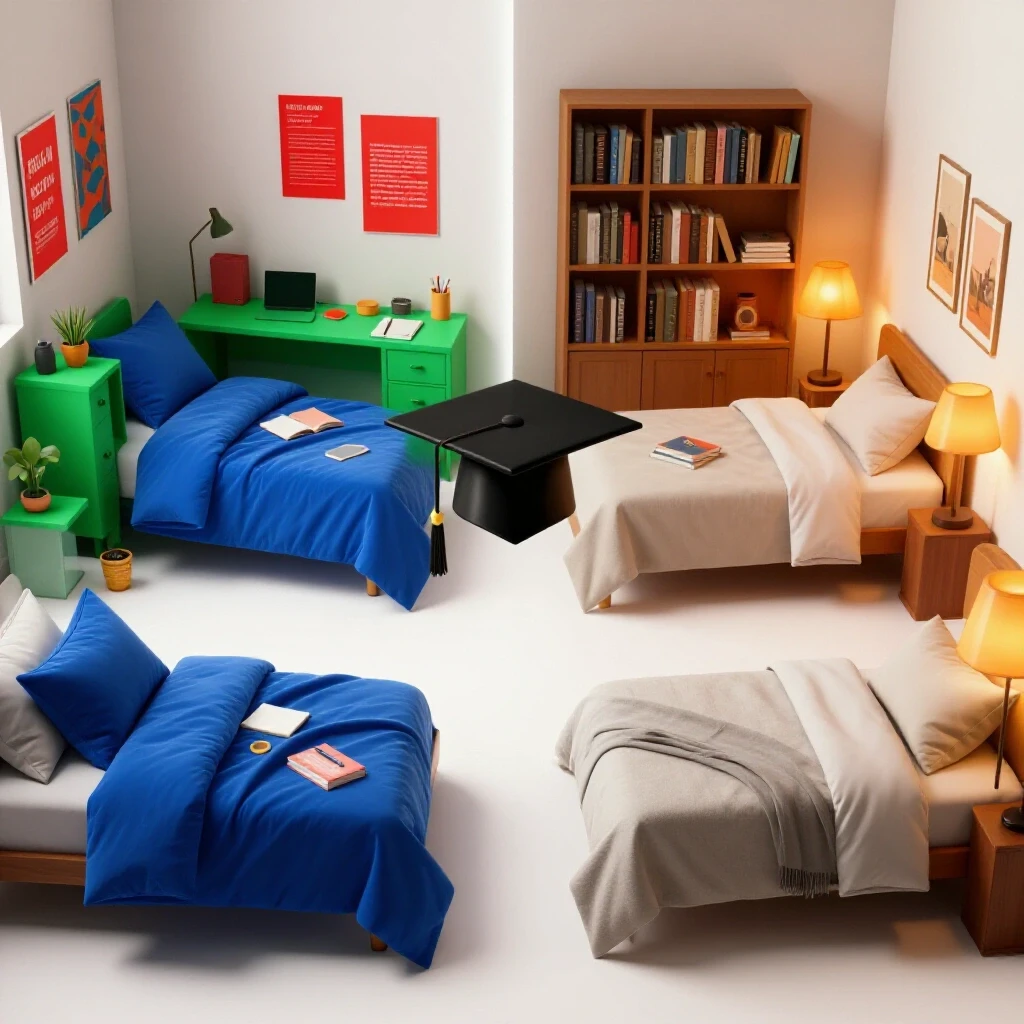 Split scene of a vibrant dorm room and a serene home bedroom, bridged by a graduation cap.