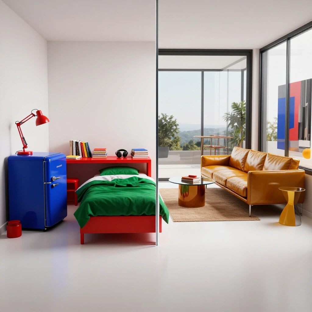 Split scene showing a colorful, compact dorm room contrasted with a modern, vibrant apartment interior