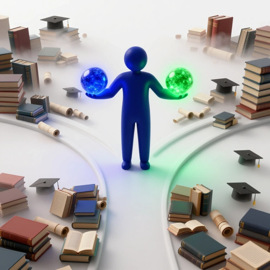 Two glowing orbs marking diverging academic paths over books and scrolls, symbolizing dual concentrations.