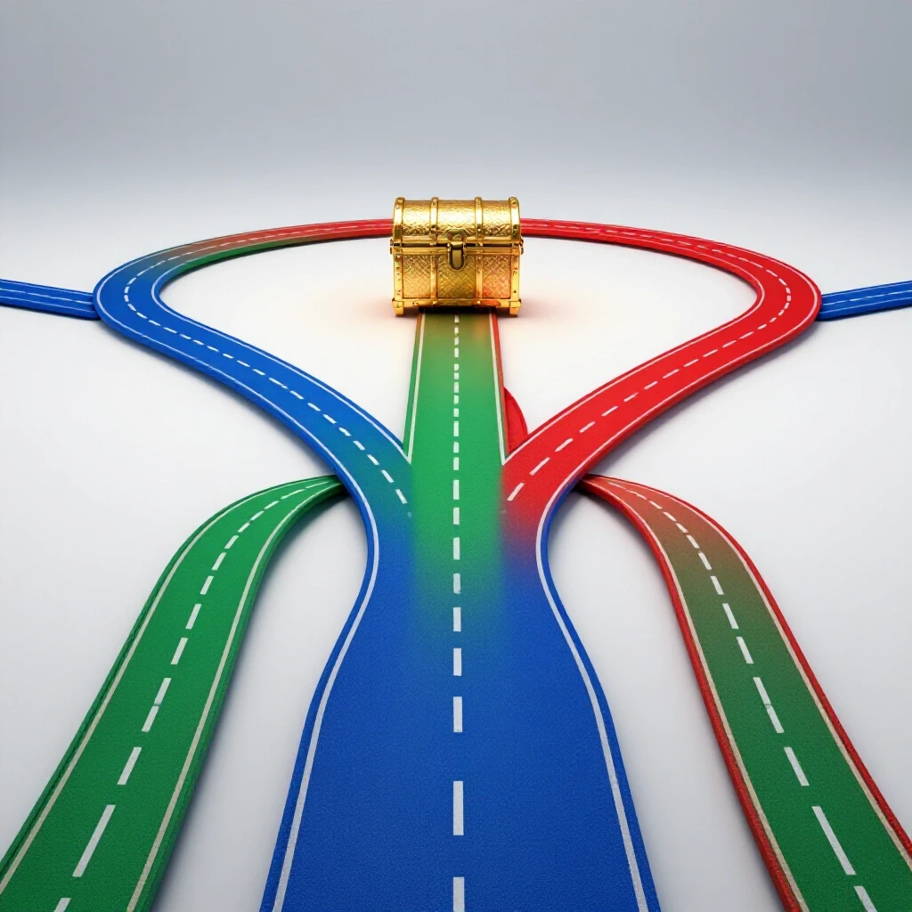 Central split road with one single lane and two colorful lanes intertwining towards a glowing treasure chest on a bright background