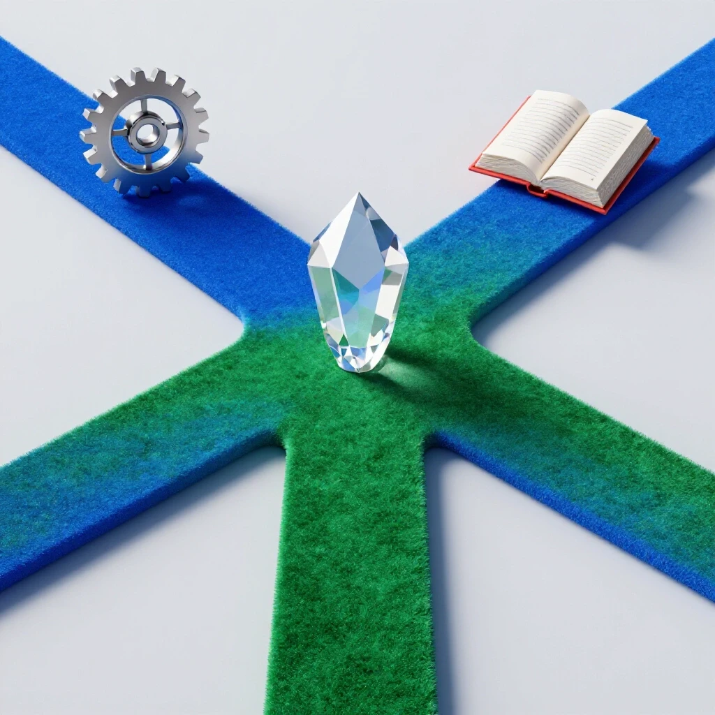 Glossy crystal at the center of two diverging colored academic paths with gear and book icons on each route.