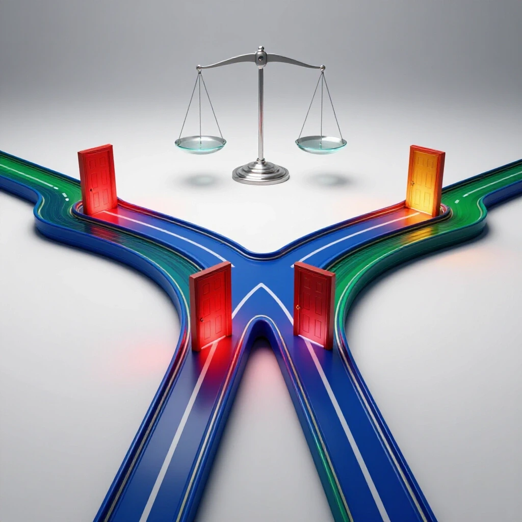 Two vivid, glowing academic paths diverge around a balance scale, symbolizing a student weighing double major choices under bright studio lighting.