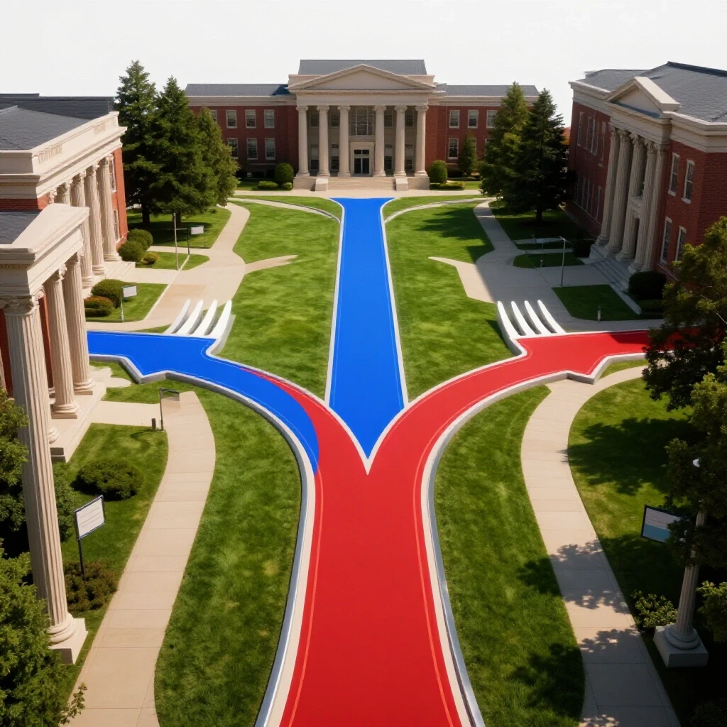 Vivid forked pathways on a campus with bright and shadowed routes illustrating student choices.
