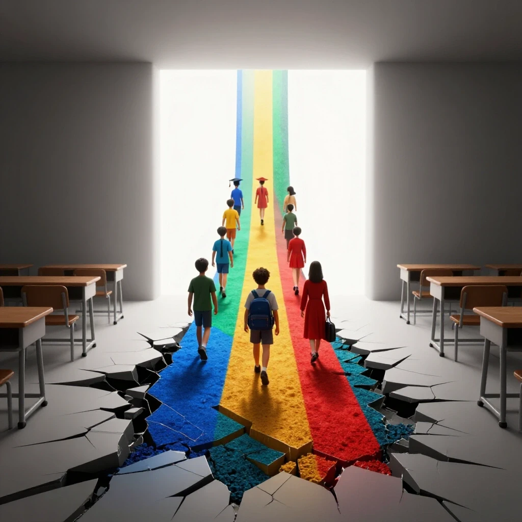 A vibrant pathway emerges from a broken classroom, leading symbols of students into bright light, symbolizing recovery.