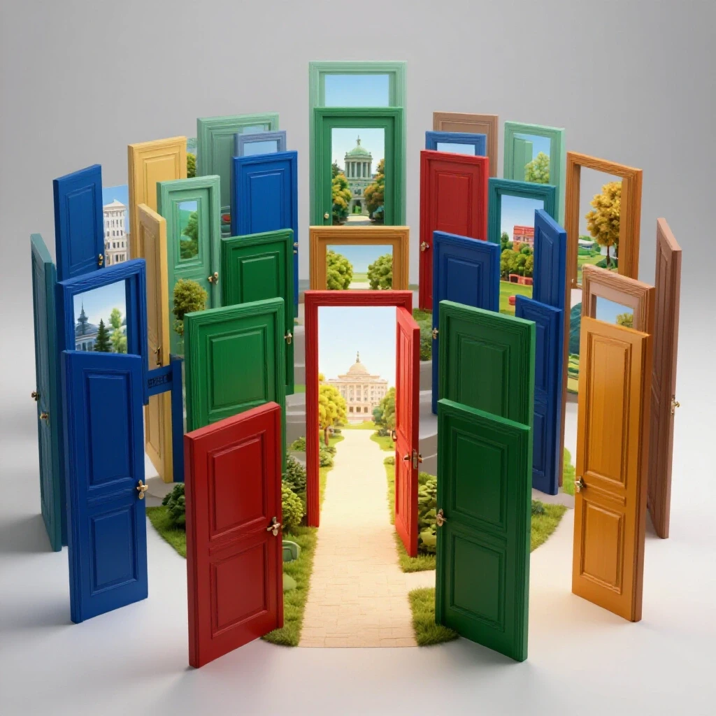 Multiple vibrant doors open to diverse career paths with radiant light, symbolizing DSST opportunities