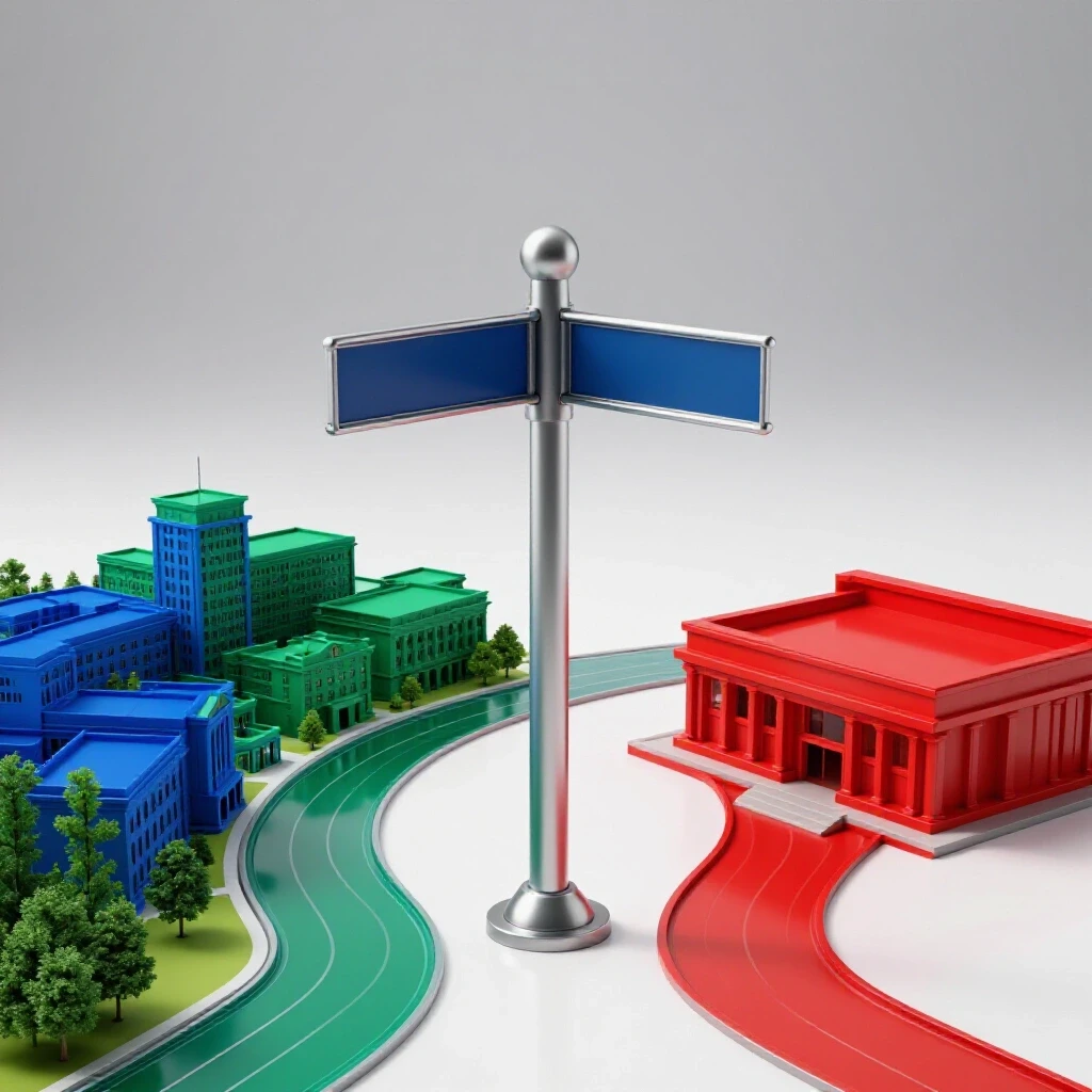 A crossroads signpost with two paths, one leading to a colorful college campus, the other to a classic classroom under bright lighting.