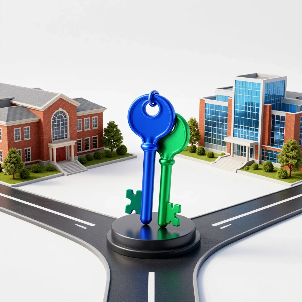Two ornate keys at a crossroads, with paths leading to a traditional school and a vibrant college campus, on a bright background.
