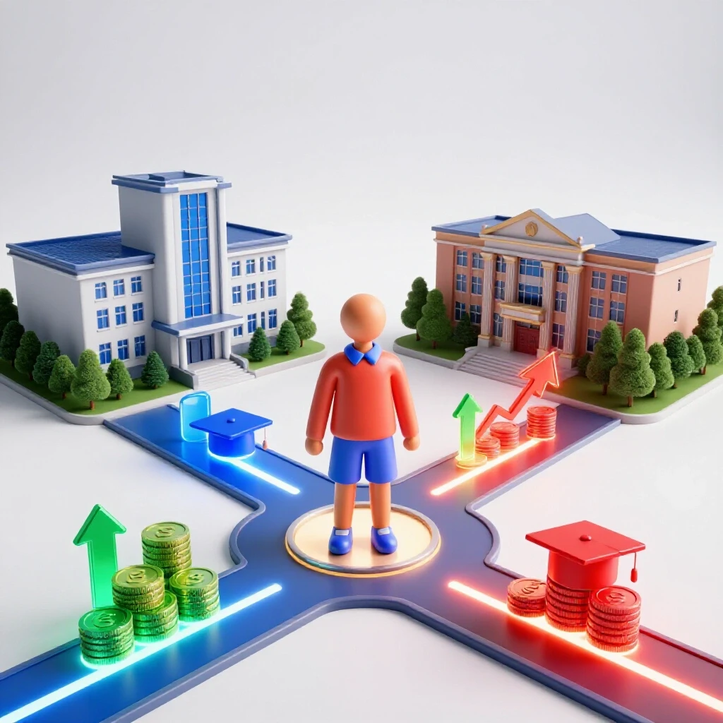 A crossroads with stylized student icon between glowing high school and university, vivid financial growth symbols.
