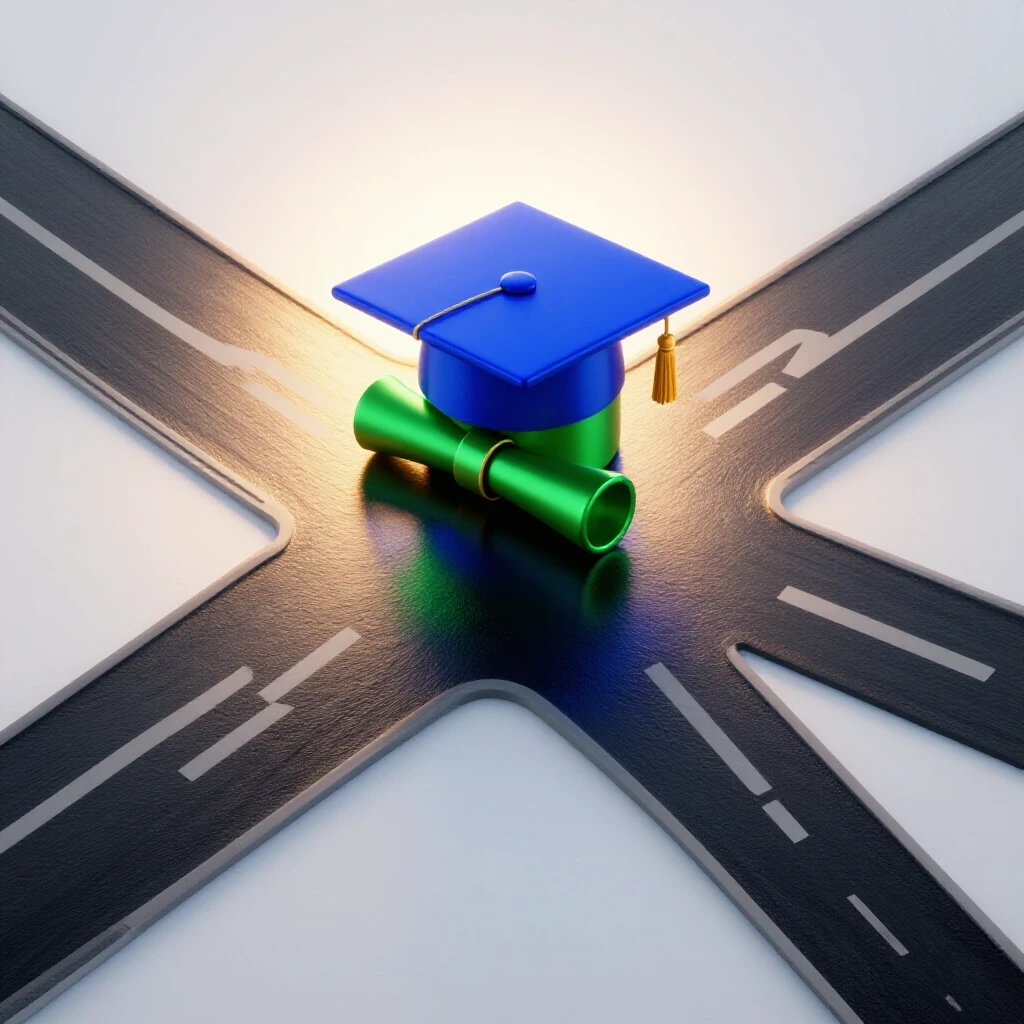 Vivid crossroads at sunrise with one brightly lit path leading to a glowing blue graduation cap, others dimmer