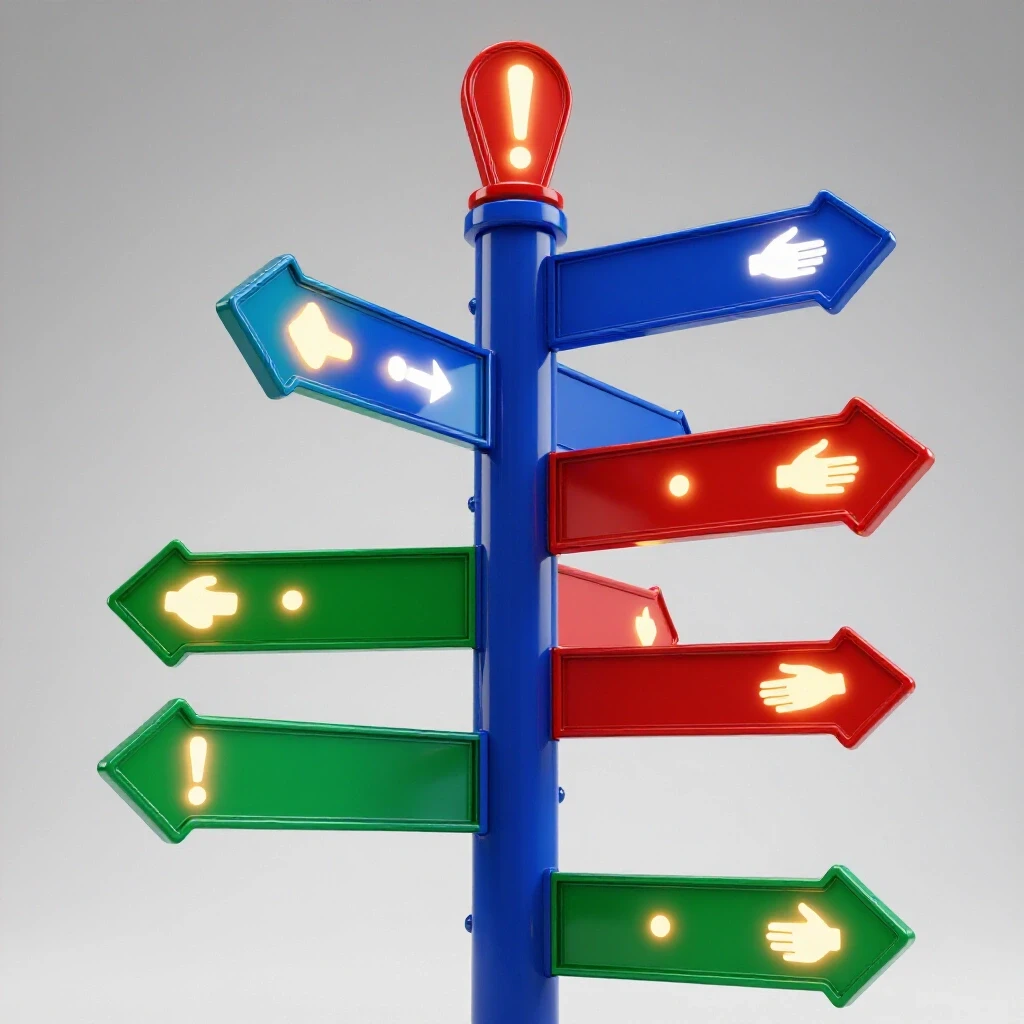 Saturated crossroads sign with glowing alert and support symbols on arrows, brightly lit over white background.
