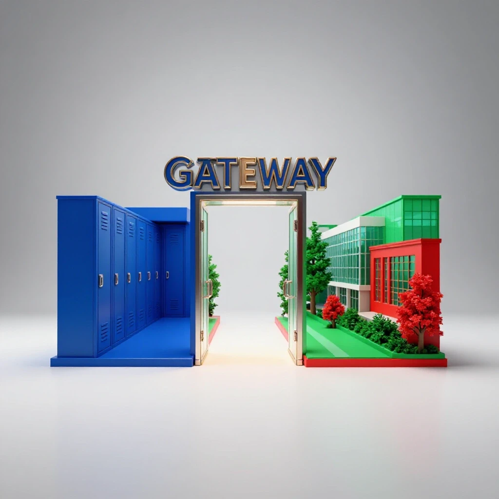 A vibrant transition gateway between a blue high school hallway and colorful college campus, symbolizing opportunity.
