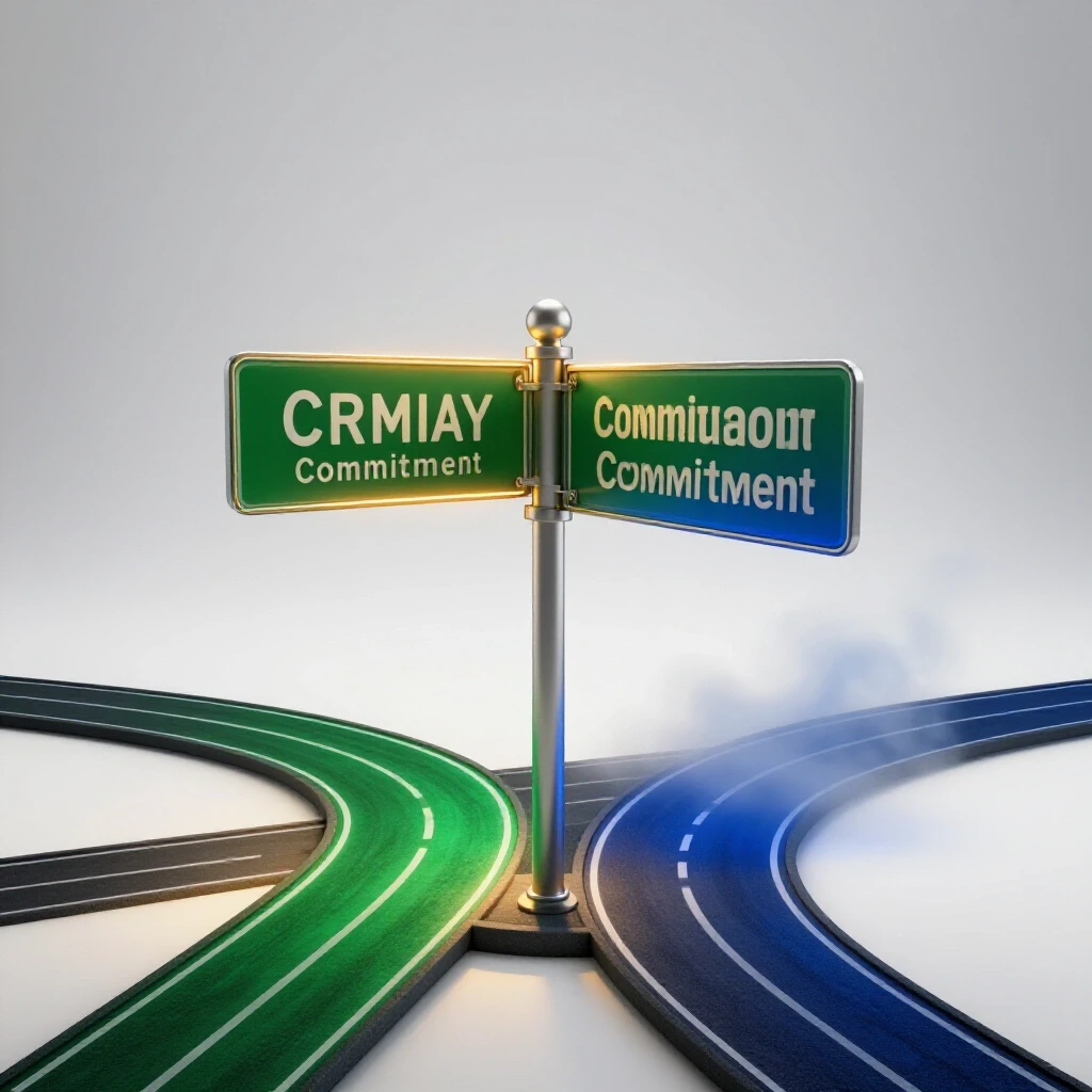 A glossy signpost at a bright studio-lit crossroads with two winding paths, one warmly lit and one misty in deep colors.