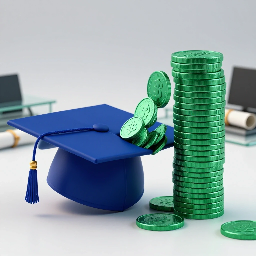 Graduation cap transforming into a stack of coins against a bright studio background, symbolizing degree impact on income.