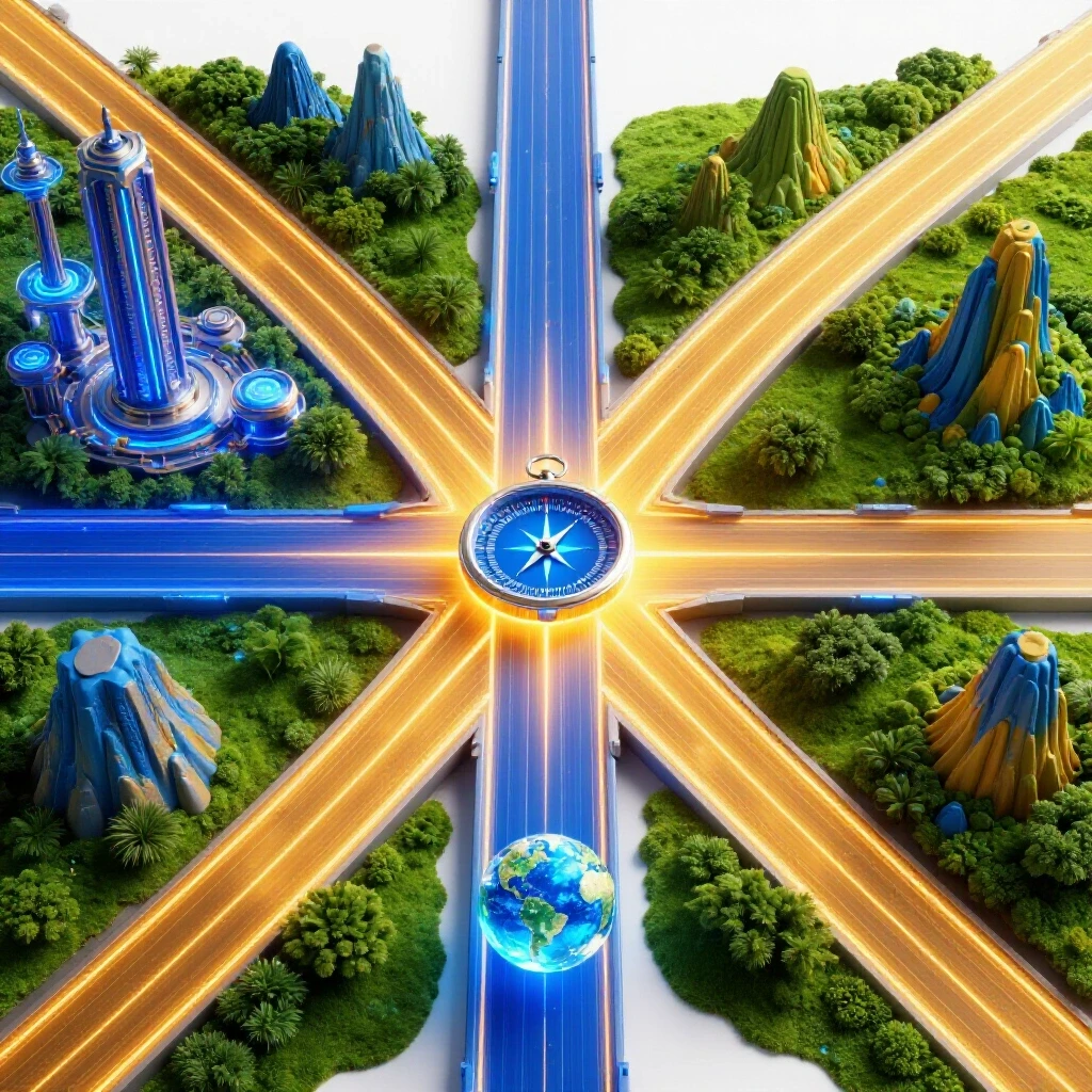 Dynamic crossroads merging futuristic tech hubs and vibrant nature, symbolizing earth science careers