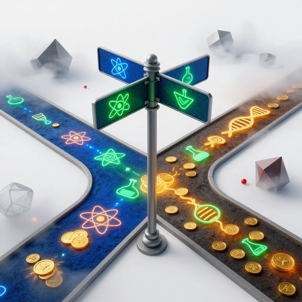 A crossroads signpost splits two paths; one paved with science symbols and golden coins, the other shrouded in fog and obstacles, all on a bright white background.