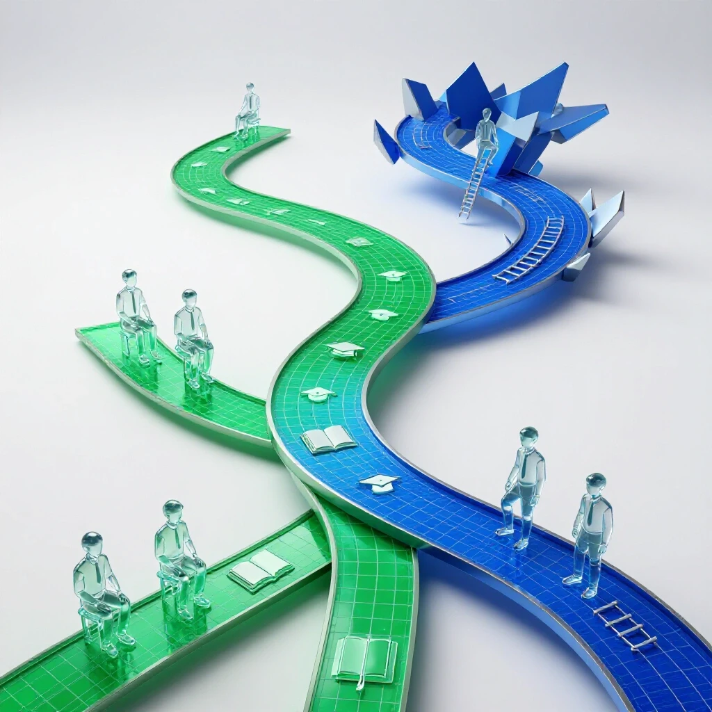 A bright, clean scene with a striking branching path; one side smooth and vibrant for easy courses, the other winding and challenging for difficult classes, symbolized by abstract student figures and obstacles.