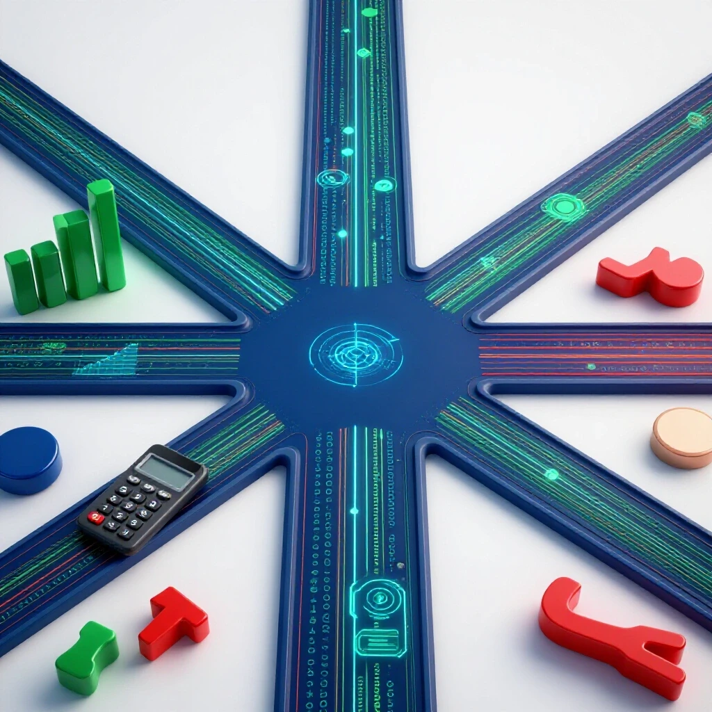 A crossroads scene with economics symbols on one path and digital data streams on the other, brightly lit.