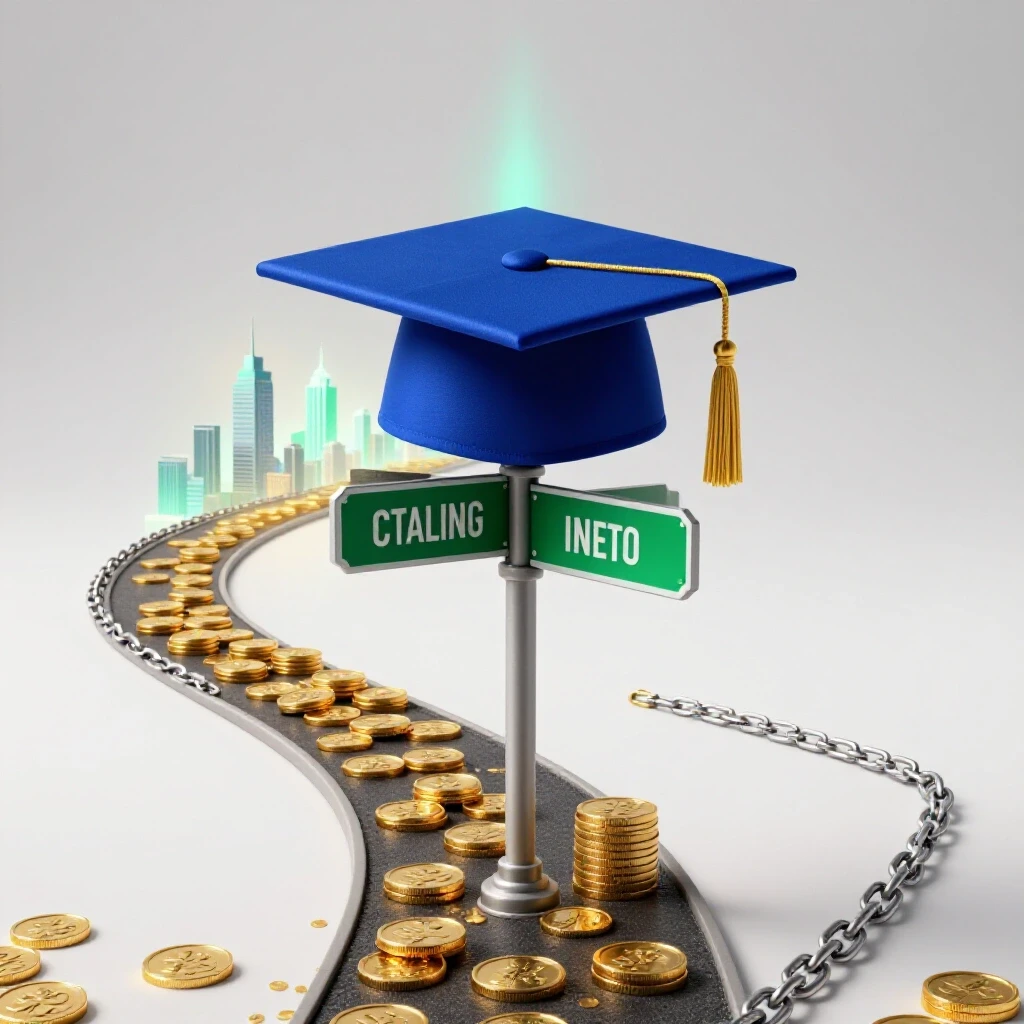 Graduation cap at a crossroads, one path paved with gold coins to a city skyline, the other bound by debt chains.