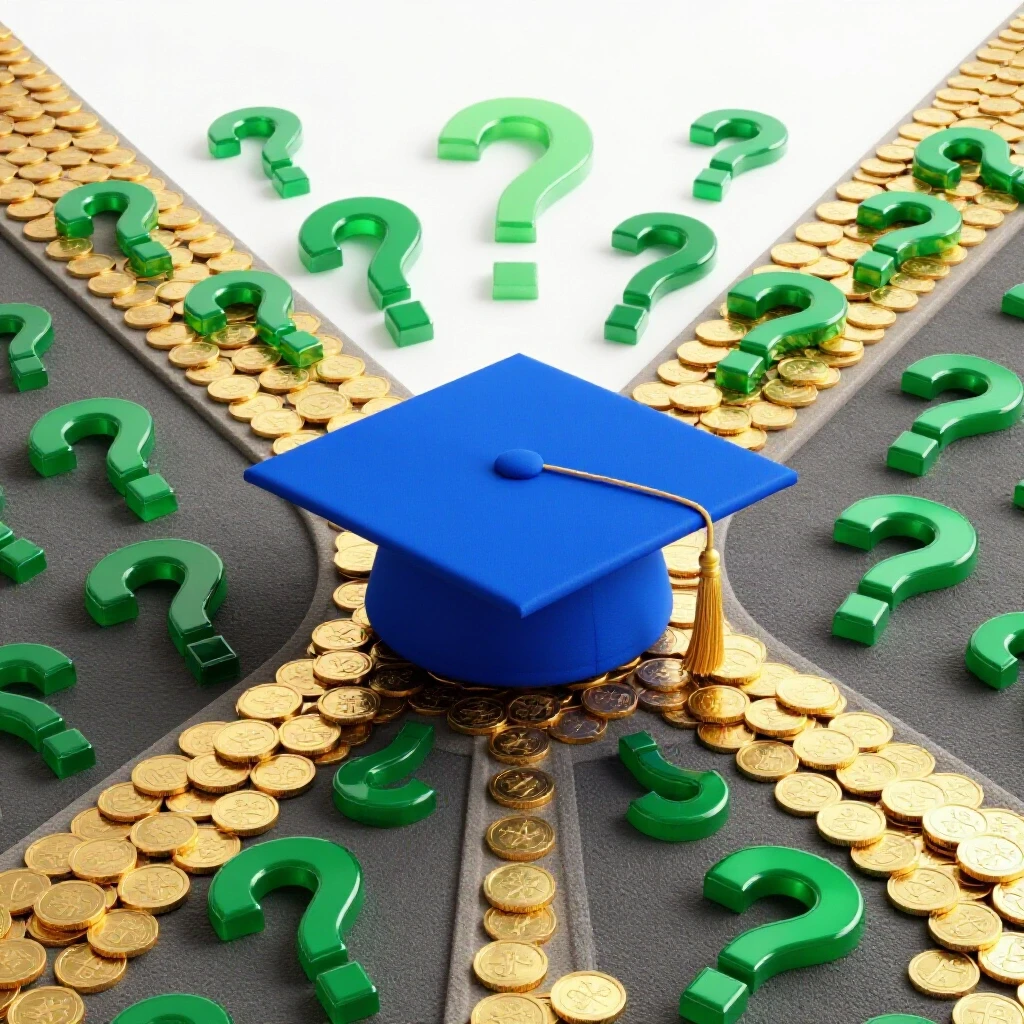 Graduation cap at the crossroads of a golden coin path and a question mark path against a bright studio background