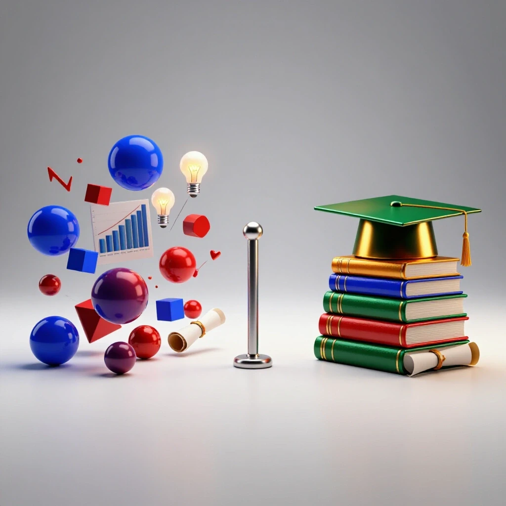 Split pathway with collaborative group symbols on one side and academic research items on the other, in vivid colors.