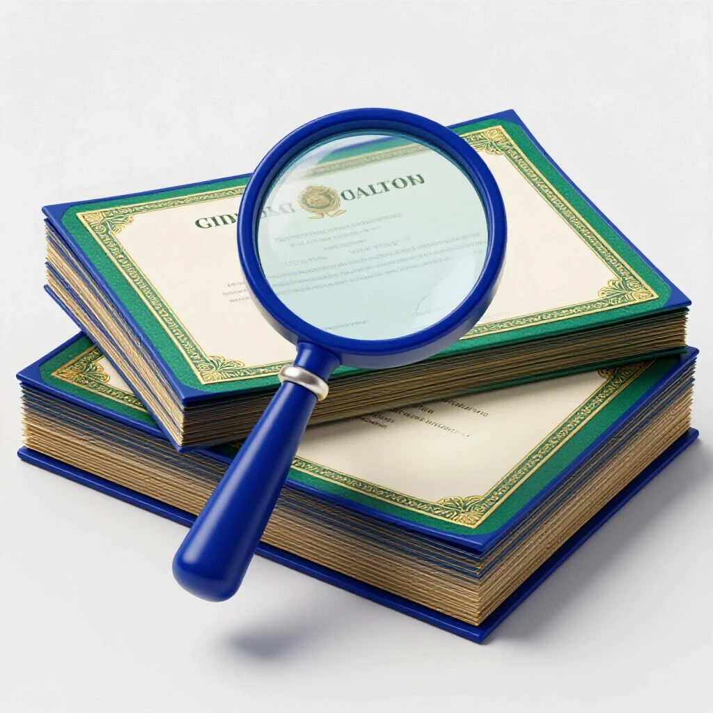 Magnifying glass examining stacked diplomas and certificates on a bright white studio background