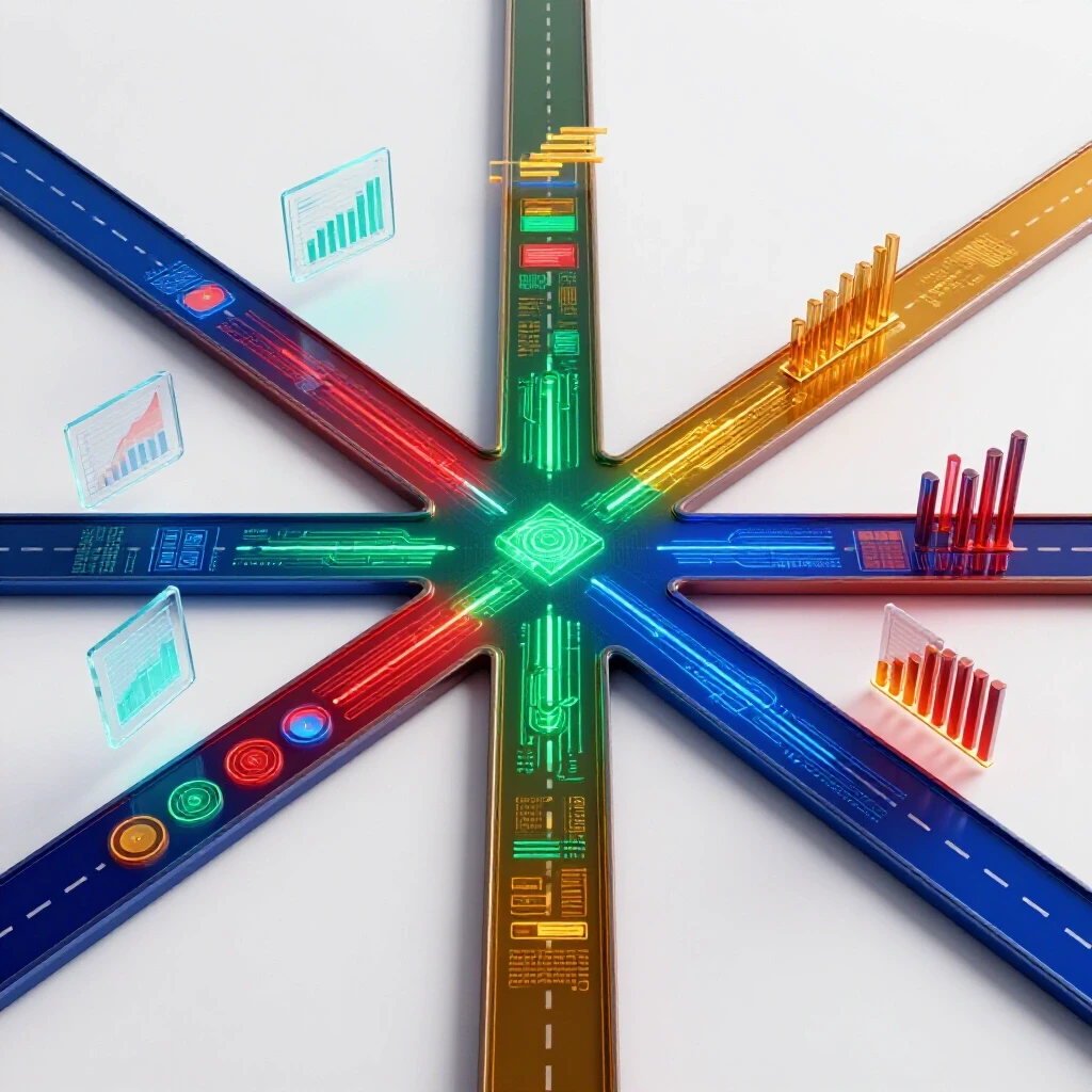 Intersecting glossy paths with glowing data charts and graphs, all highlighted on a bright clean background.