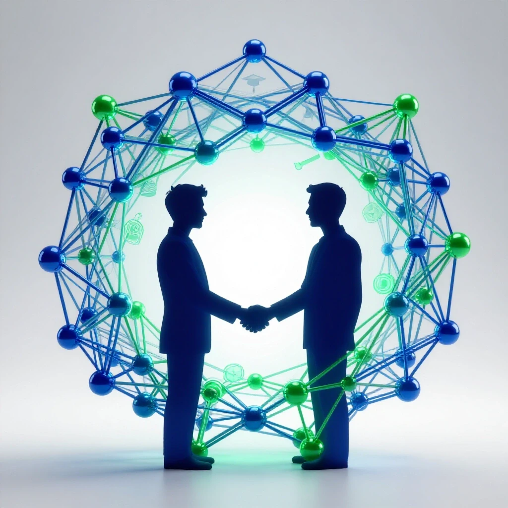 Glowing data nodes intertwine into handshake silhouettes with subtle academic icons on bright background