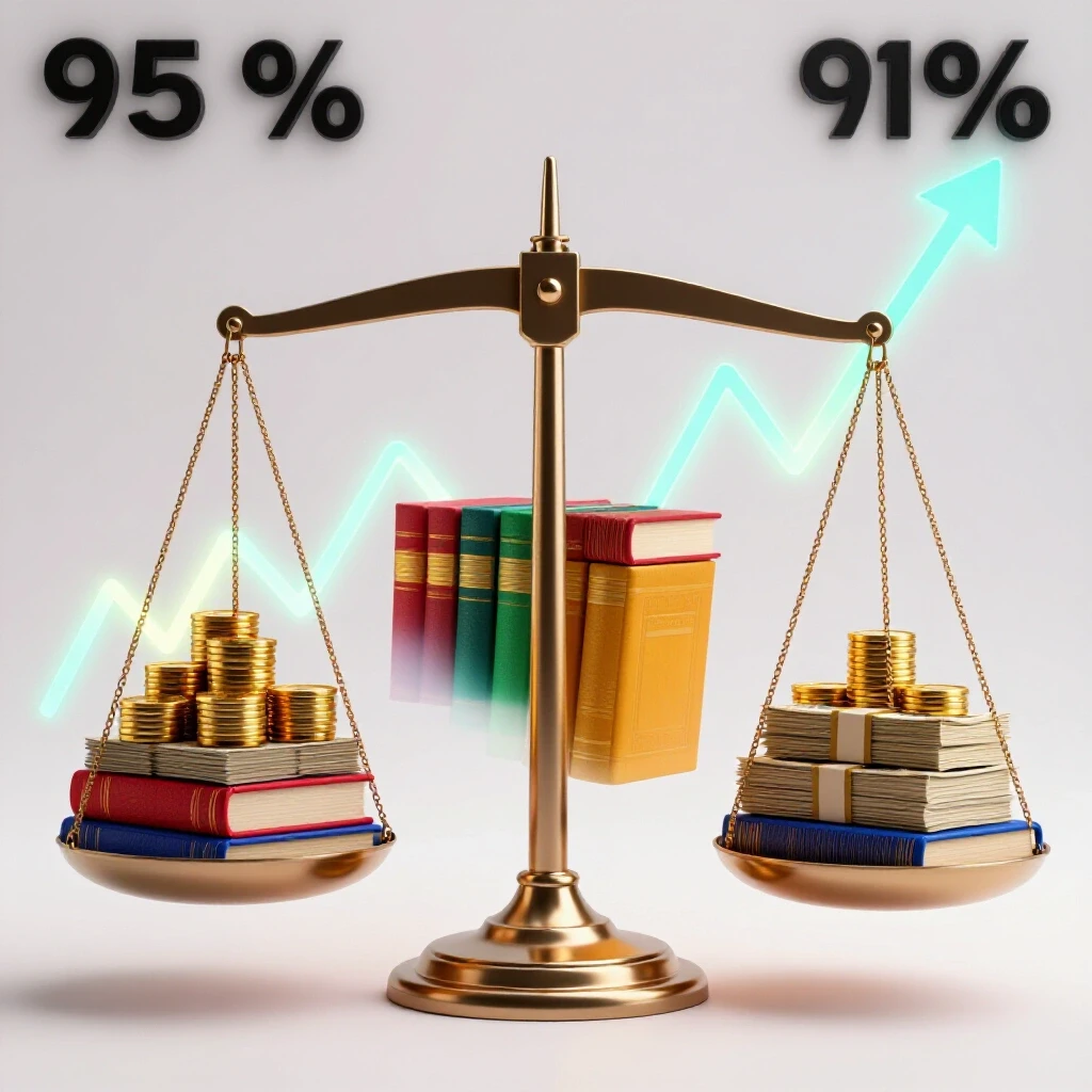 Balance scale with colorful books on one side and stacks of coins on the other, graphs in background symbolizing education and wage value.