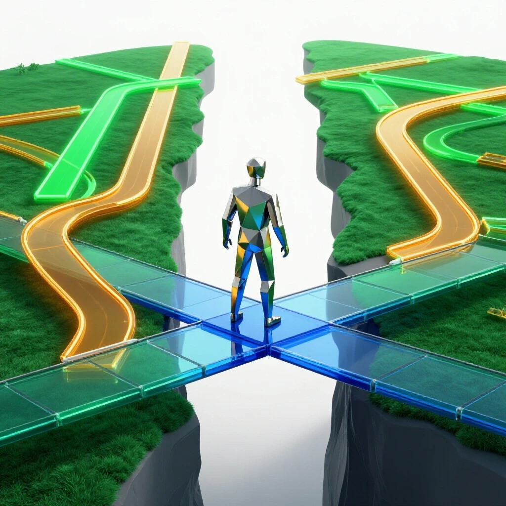 A metallic figure stands at the edge of a glossy blue gap, preparing to cross a glass bridge toward vibrant interconnected pathways.