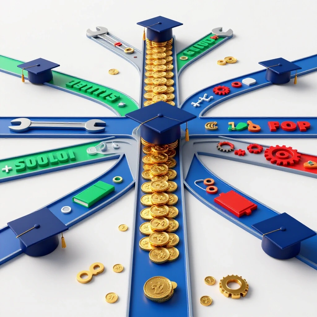 A vibrant crossroads with a gold coin and graduation cap path, branching to colorful career symbols on a white background.