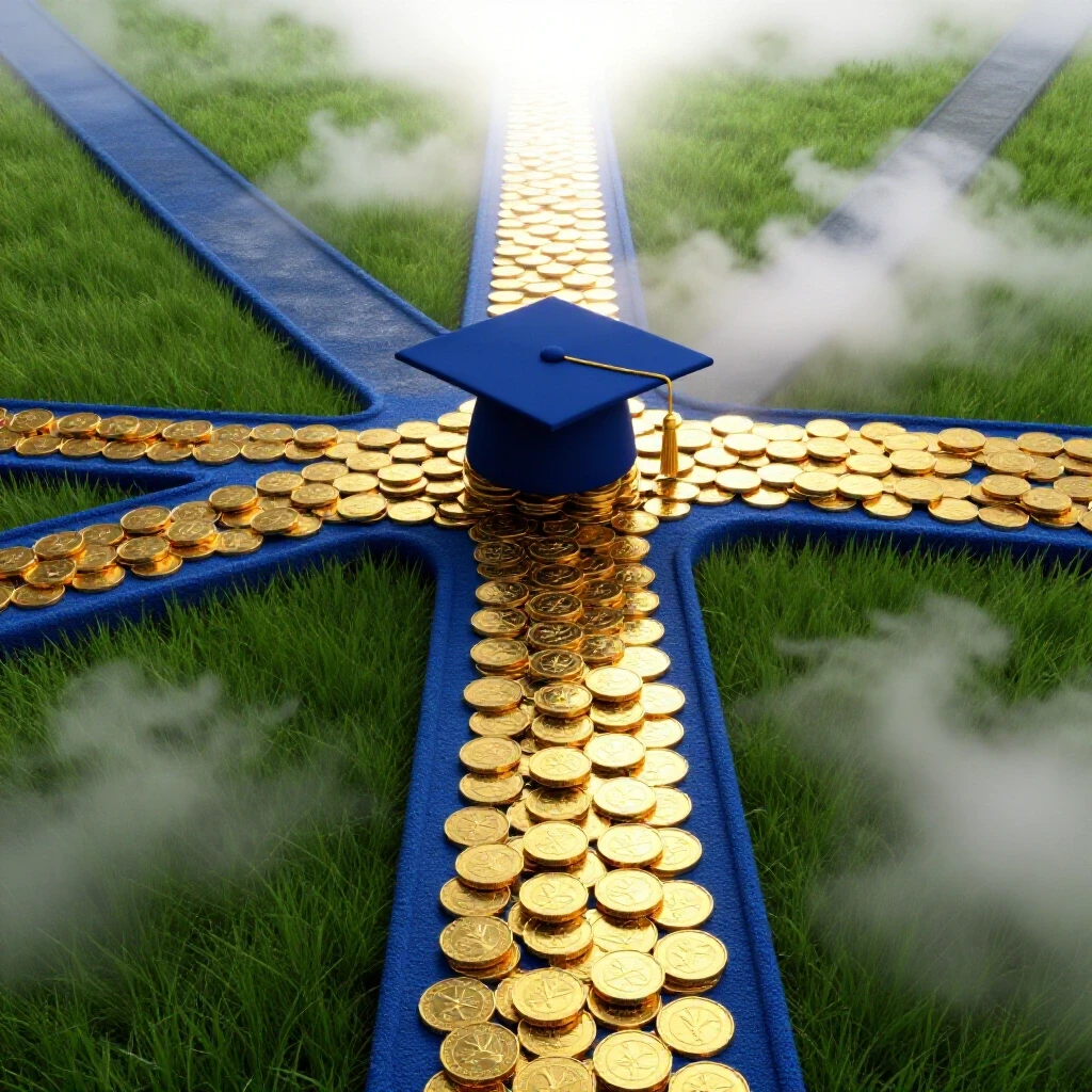 A crossroads with a gold coin path leading to a bright horizon and a foggy path, symbolizing ROI decisions in education.