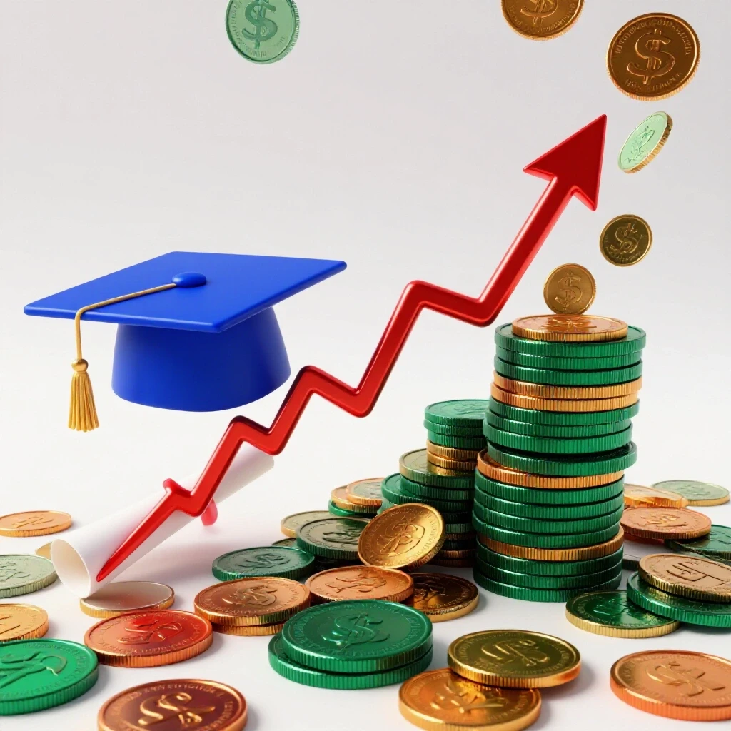 Split image showing a graduation cap and diploma beside eroding money linked by an abstract inflation symbol.
