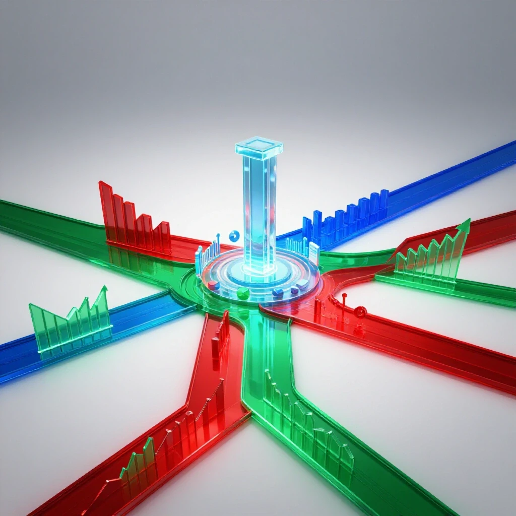 Vivid crossroads with illuminated data graphs and glowing pathways converging on a central glass pillar symbolizing confident decision-making in careers.