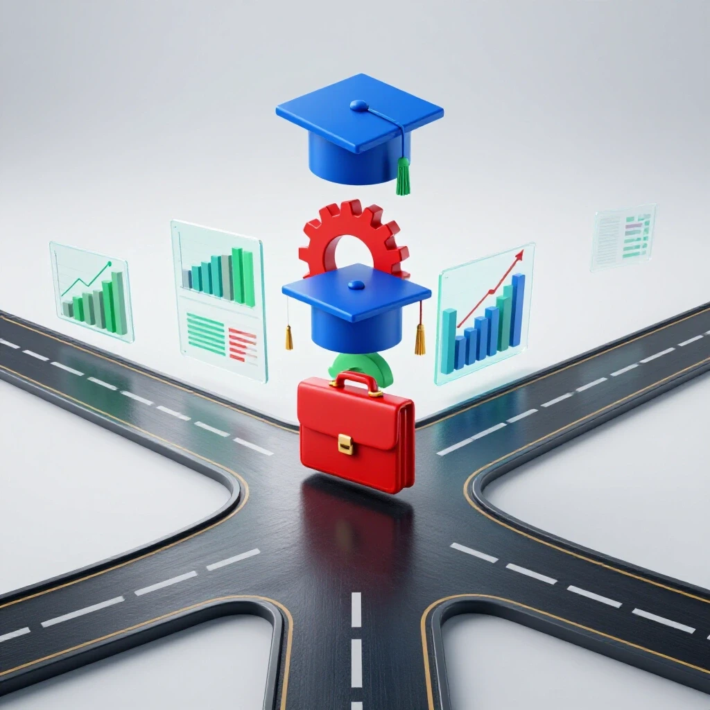 A crossroads with one path lined by vibrant, floating data graphs transforming into bold career icons on a bright clean background.