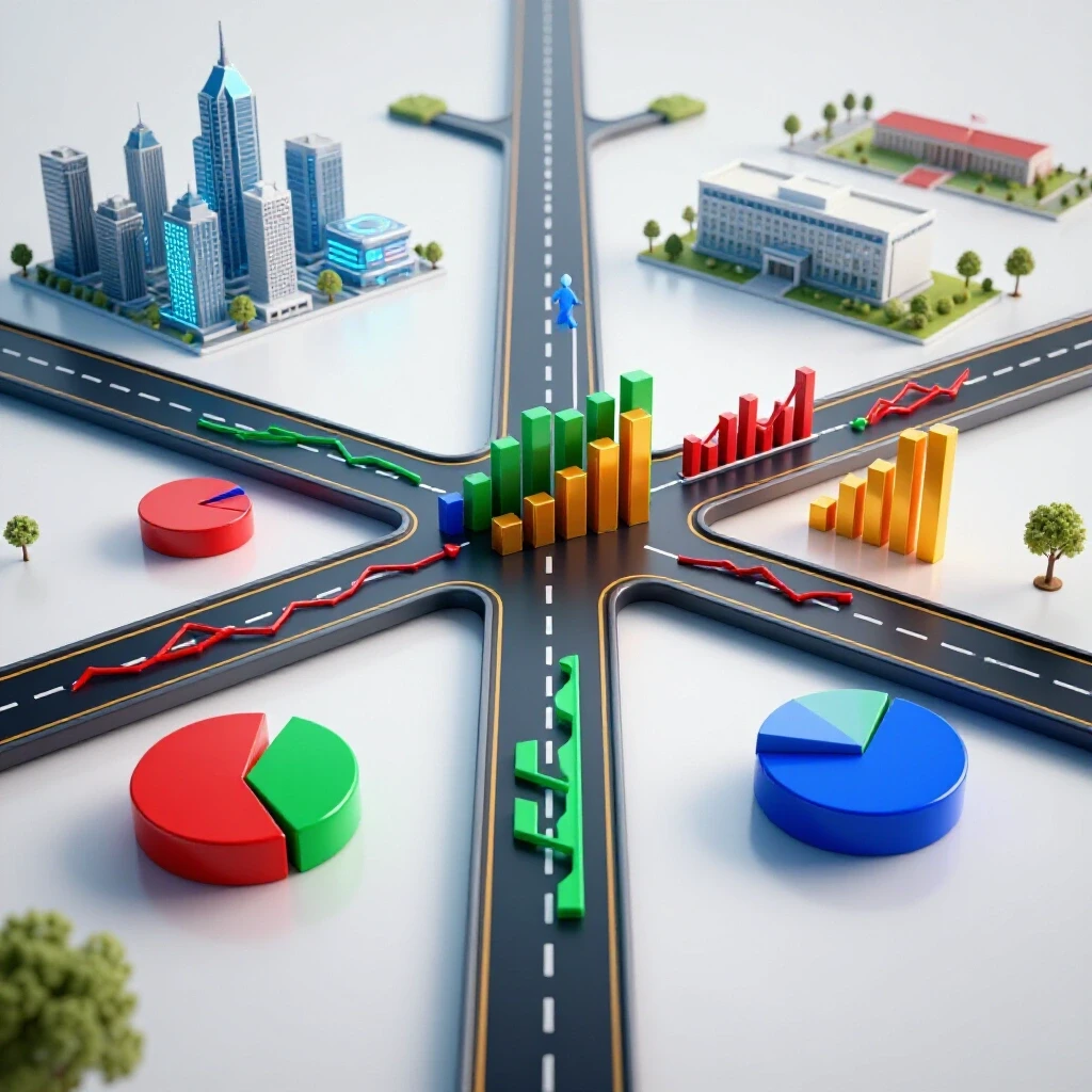 Glossy crossroads of colorful data charts branching to distant career landscapes on a bright background