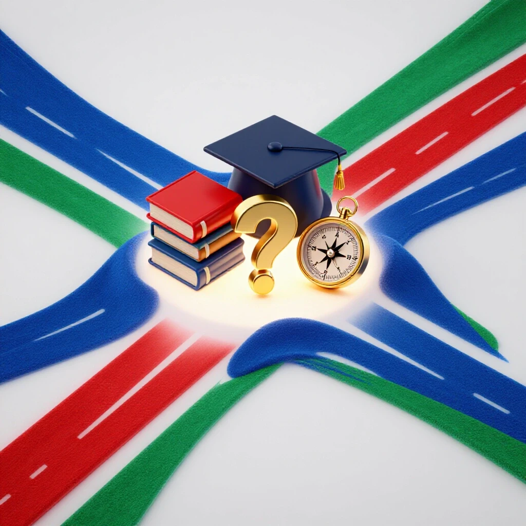 Educational symbols like books, graduation cap, and question mark at a vibrant crossroads on a bright background.