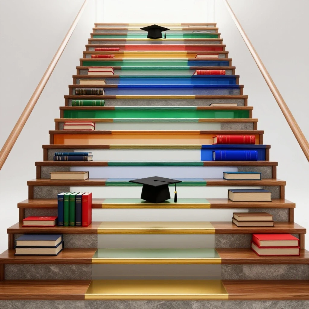 Colorful staircase with wood, stone, glass, and gold steps leading toward a bright horizon, adorned with books and graduation caps symbolizing educational advancement.
